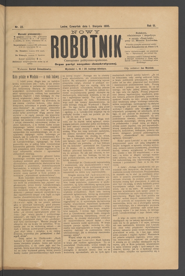 Nowy Robotnik : czasopismo polityczno-społeczne : organ partyi socyalno-demokratycznej. Rok 3, 1895, numer 22