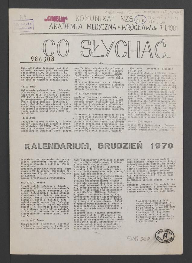Co&nbsp;słychać&nbsp;: komunikat NZS Akademia Medyczna Wrocław. 1981.01.07, numer&nbsp;6