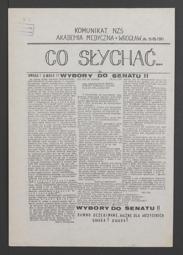 Co&nbsp;słychać&nbsp;: komunikat NZS Akademia Medyczna Wrocław. 1981.02.15