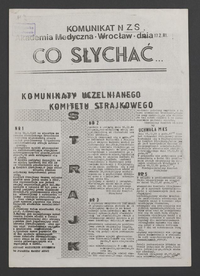 Co&nbsp;słychać&nbsp;: komunikat NZS Akademia Medyczna Wrocław. 1981.02.17
