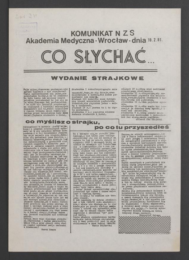 Co&nbsp;słychać&nbsp;: komunikat NZS Akademia Medyczna Wrocław. 1981.02.18