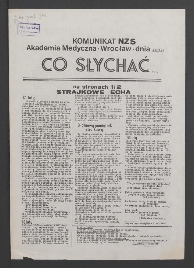 Co&nbsp;słychać&nbsp;: komunikat NZS Akademia Medyczna Wrocław. 1981.02.22