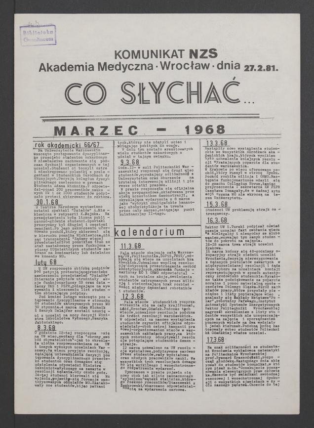 Co&nbsp;słychać&nbsp;: komunikat NZS Akademia Medyczna Wrocław. 1981.02.27