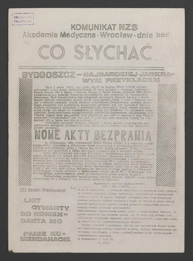 Co&nbsp;słychać&nbsp;: komunikat NZS Akademia Medyczna Wrocław, 1981.03.22