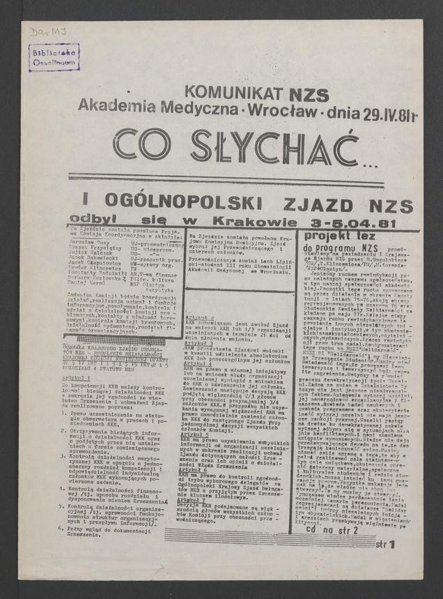 Co&nbsp;słychać&nbsp;: komunikat NZS Akademia Medyczna Wrocław. 1981.04.29