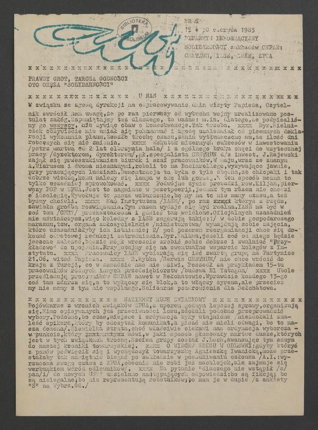 Aut&nbsp;: biuletyn informacyjny Solidarności Zakład&oacute;w CNPAE: Centrum, IASE, ZDAE, ZPUA. 1983, numer&nbsp;6