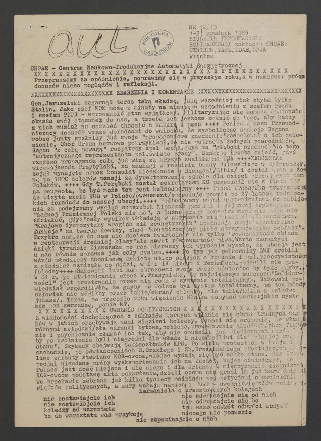 Aut&nbsp;: biuletyn informacyjny Solidarności Zakład&oacute;w CNPAE: Centrum, IASE, ZDAE, ZPUA. 1983, numer&nbsp;12-13