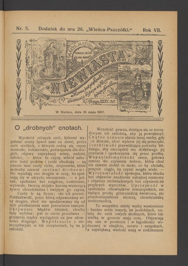 Niewiasta : dodatek do&nbsp;numeru&nbsp;20 &bdquo;Wieńca-Pszcz&oacute;łki&rdquo;. Rok 7, 1907, numer&nbsp;5