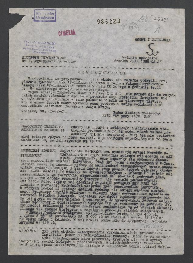 Biuletyn Informacyjny Komisji Zakładowej NSZZ &bdquo;Solidarność&rdquo; przy&nbsp;Instytucie Immunologii i&nbsp;Terapii Doświadczalnej PAN. 1985, numer&nbsp;1, wydanie specjalne