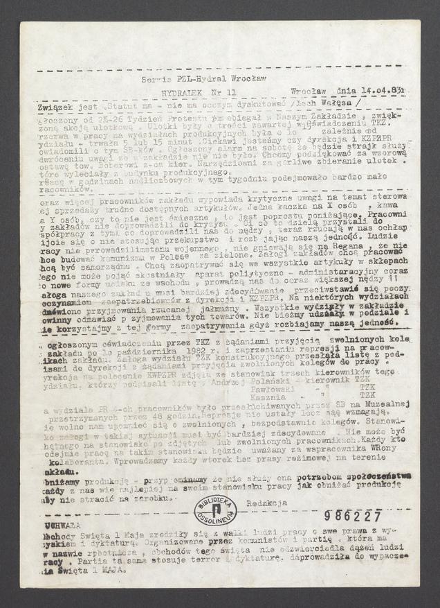 Hydralek&nbsp;: serwis PZL-Hydral Wrocław. 1983, numer&nbsp;11