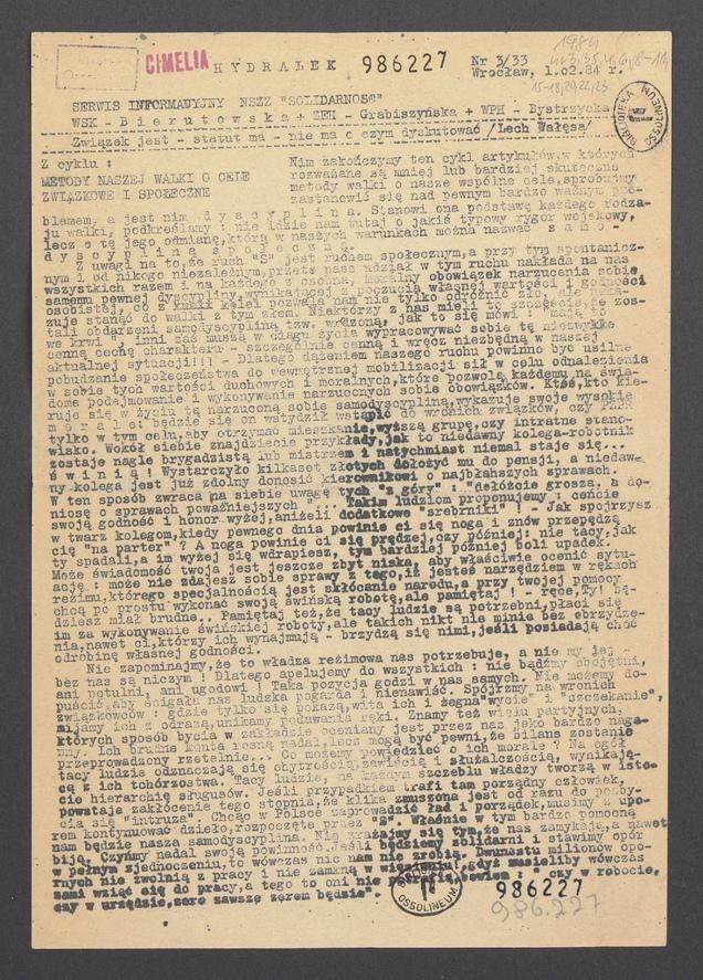 Hydralek&nbsp;: serwis informacyjny NSZZ &bdquo;Solidarność&rdquo; WSK&nbsp;Bierutowska, ZEH&nbsp;Grabiszyńska, WPH&nbsp;Bystrzycka. 1984, numer&nbsp;3
