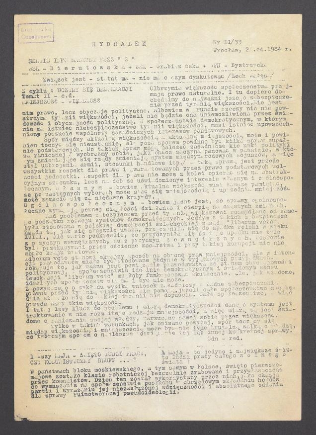Hydralek&nbsp;: serwis informacyjny NSZZ &bdquo;Solidarność&rdquo; WSK&nbsp;Bierutowska, ZEH&nbsp;Grabiszyńska, WPH&nbsp;Bystrzycka. 1984, numer&nbsp;11