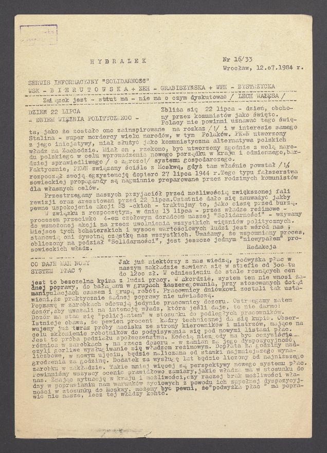 Hydralek&nbsp;: serwis informacyjny &bdquo;Solidarność&rdquo; WSK&nbsp;Bierutowska, ZEH&nbsp;Grabiszyńska, WPH&nbsp;Bystrzycka. 1984, numer&nbsp;16