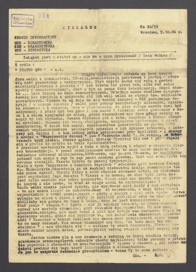 Hydralek&nbsp;: serwis informacyjny WSK&nbsp;Bierutowska, ZEH&nbsp;Grabiszyńska, WPH&nbsp;Bystrzycka. 1984, numer&nbsp;20