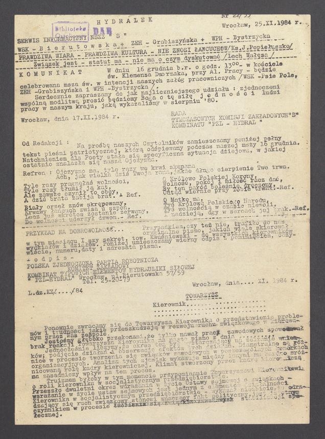 Hydralek&nbsp;: serwis informacyjny NSZZ &bdquo;Solidarność&rdquo; WSK&nbsp;Bierutowska, ZEH&nbsp;Grabiszyńska, WPH&nbsp;Bystrzycka. 1984, numer&nbsp;22