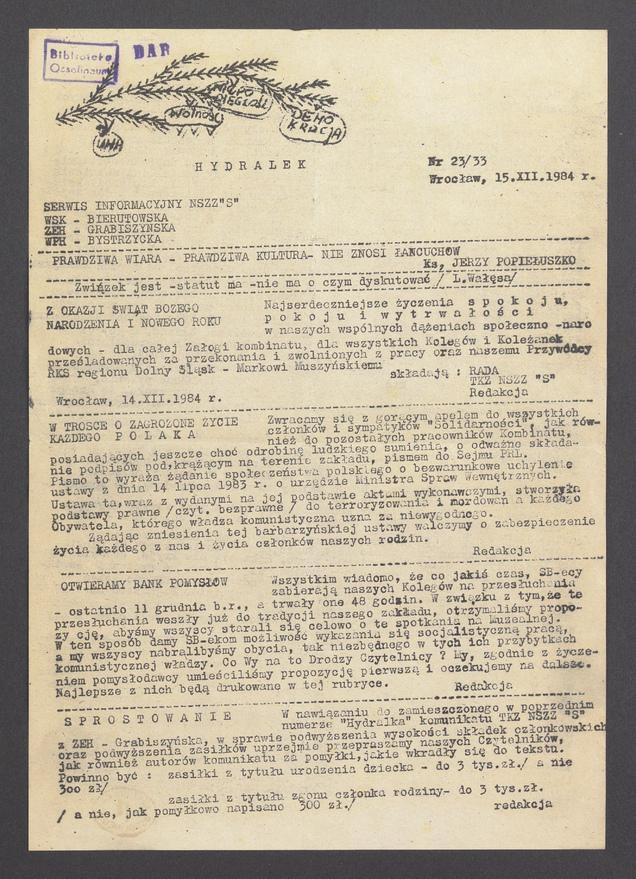 Hydralek&nbsp;: serwis informacyjny NSZZ &bdquo;Solidarność&rdquo; WSK&nbsp;Bierutowska, ZEH&nbsp;Grabiszyńska, WPH&nbsp;Bystrzycka. 1984, numer&nbsp;23