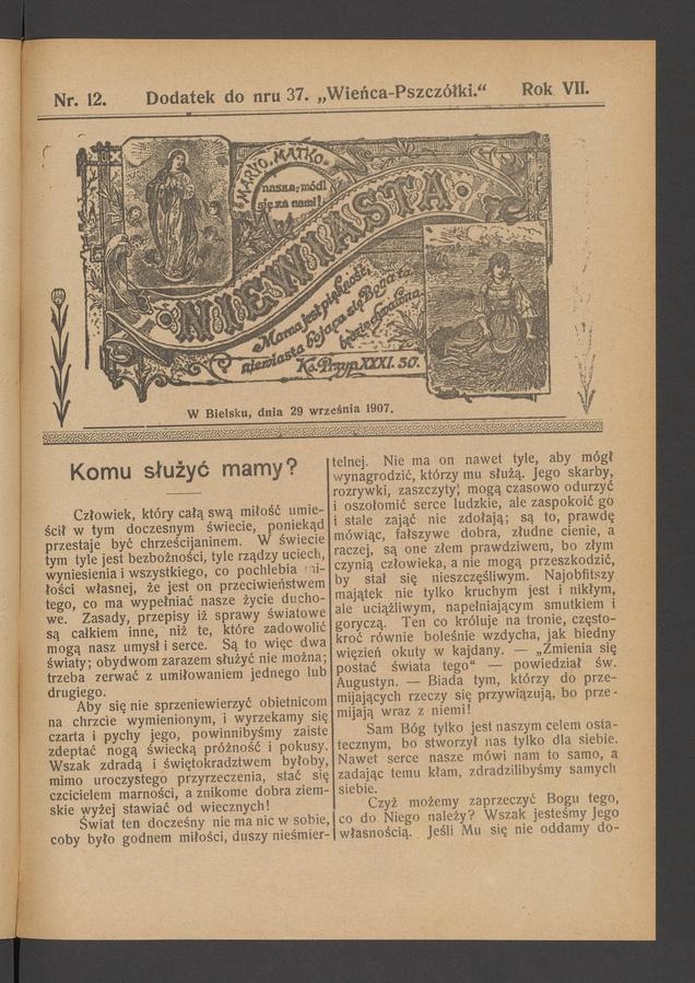 Niewiasta : dodatek do&nbsp;numeru&nbsp;37 &bdquo;Wieńca-Pszcz&oacute;łki&rdquo;. Rok 7, 1907, numer&nbsp;12