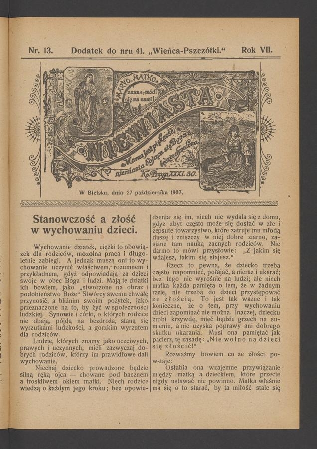 Niewiasta : dodatek do&nbsp;numeru&nbsp;41 &bdquo;Wieńca-Pszcz&oacute;łki&rdquo;. Rok 7, 1907, numer&nbsp;13