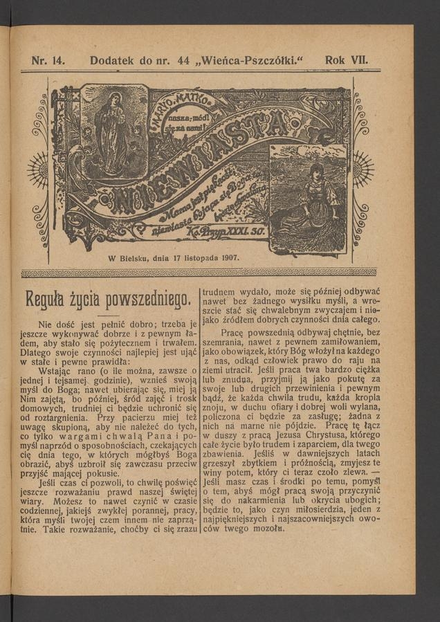 Niewiasta : dodatek do&nbsp;numeru&nbsp;44 &bdquo;Wieńca-Pszcz&oacute;łki&rdquo;. Rok 7, 1907, numer&nbsp;14