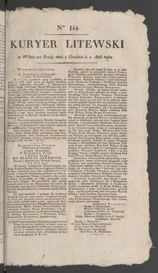 Kuryer Litewski. 1826, numer 144