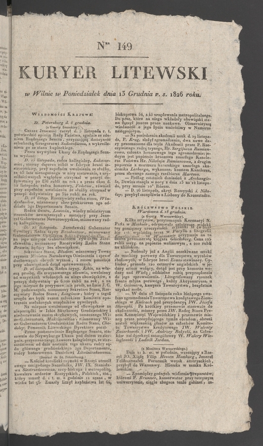 Kuryer Litewski. 1826, numer 149