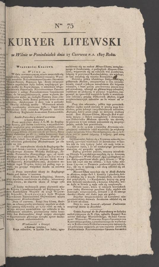 Kuryer Litewski. 1827, numer 75