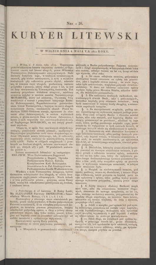 Kuryer Litewski. 1812, numero 36