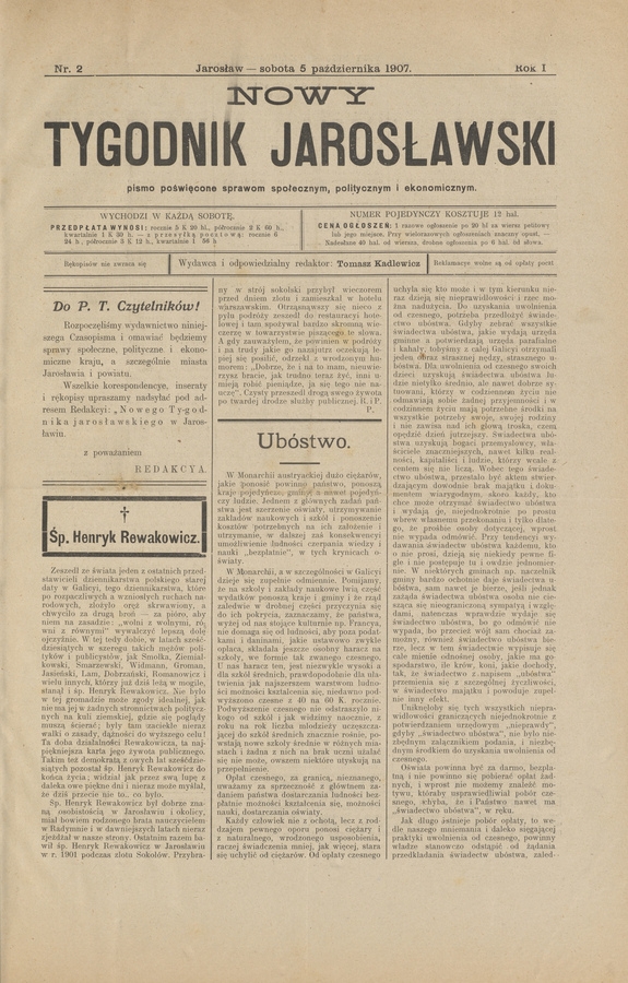 Nowy Tygodnik Jarosławski&nbsp;: pismo poświęcone sprawom społecznym, politycznym i&nbsp;ekonomicznym. Rok&nbsp;1, 1907, numer&nbsp;2