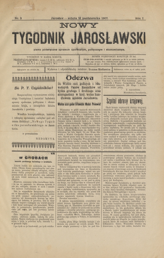 Nowy Tygodnik Jarosławski&nbsp;: pismo poświęcone sprawom społecznym, politycznym i&nbsp;ekonomicznym. Rok&nbsp;1, 1907, numer&nbsp;3