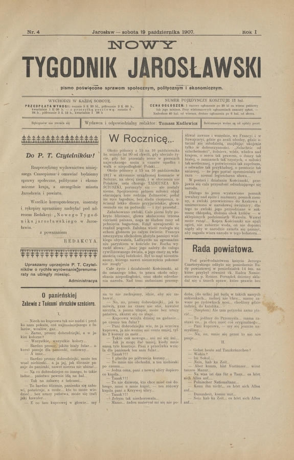 Nowy Tygodnik Jarosławski&nbsp;: pismo poświęcone sprawom społecznym, politycznym i&nbsp;ekonomicznym. Rok&nbsp;1, 1907, numer&nbsp;4