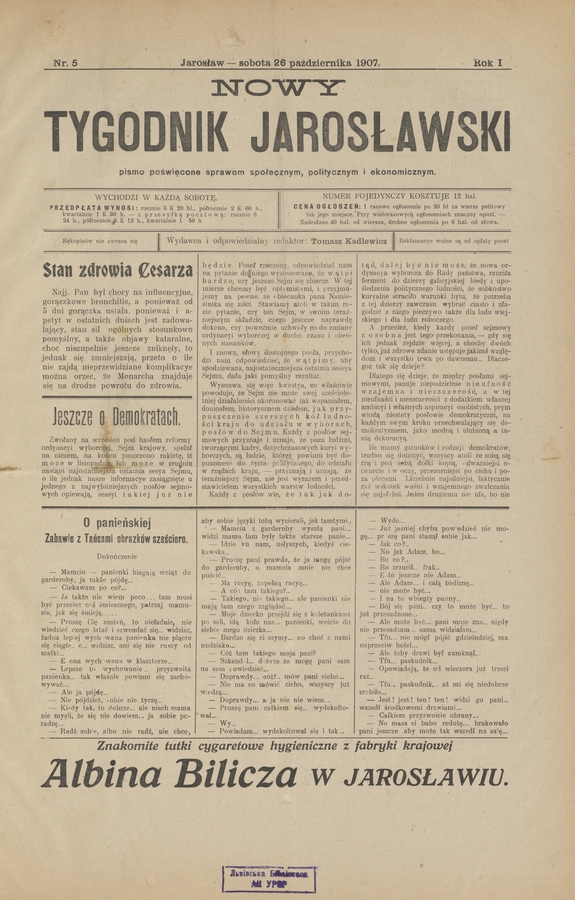 Nowy Tygodnik Jarosławski&nbsp;: pismo poświęcone sprawom społecznym, politycznym i&nbsp;ekonomicznym. Rok&nbsp;1, 1907, numer&nbsp;5