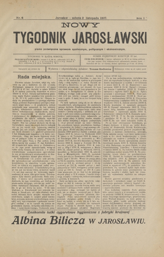 Nowy Tygodnik Jarosławski&nbsp;: pismo poświęcone sprawom społecznym, politycznym i&nbsp;ekonomicznym. Rok&nbsp;1, 1907, numer&nbsp;6