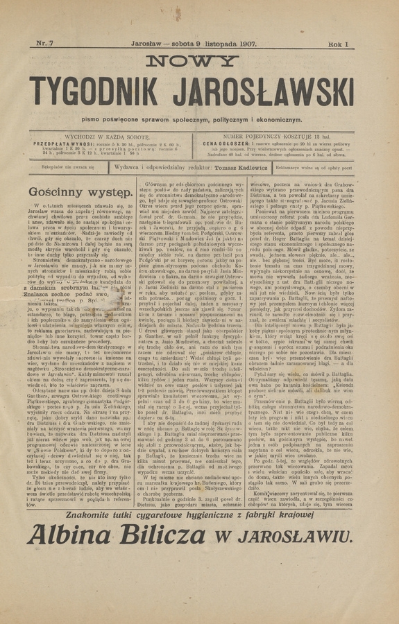 Nowy Tygodnik Jarosławski&nbsp;: pismo poświęcone sprawom społecznym, politycznym i&nbsp;ekonomicznym. Rok&nbsp;1, 1907, numer&nbsp;7
