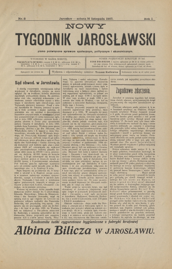 Nowy Tygodnik Jarosławski&nbsp;: pismo poświęcone sprawom społecznym, politycznym i&nbsp;ekonomicznym. Rok&nbsp;1, 1907, numer&nbsp;8