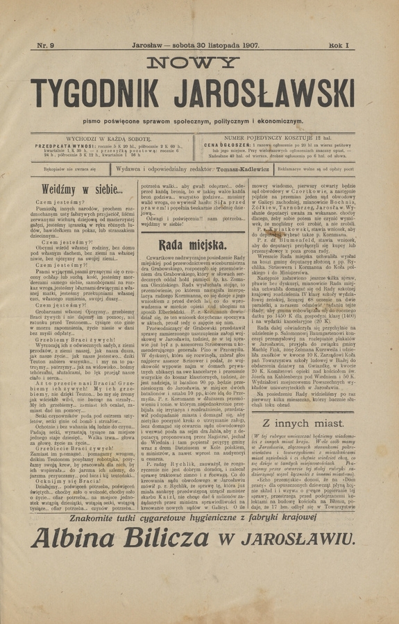 Nowy Tygodnik Jarosławski&nbsp;: pismo poświęcone sprawom społecznym, politycznym i&nbsp;ekonomicznym. Rok&nbsp;1, 1907, numer&nbsp;9