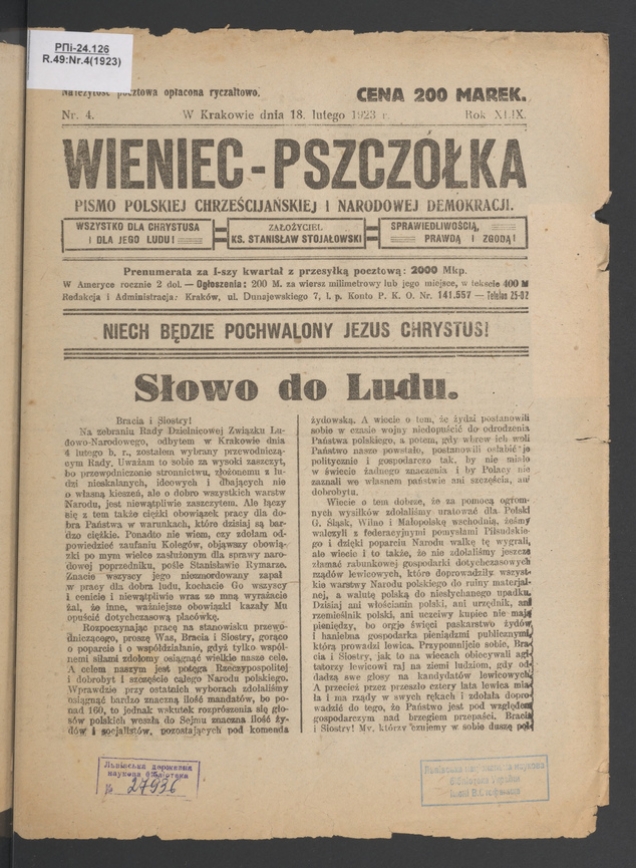 Wieniec-Pszcz&oacute;łka&nbsp;: pismo polskiej chrześcijańskiej i&nbsp;narodowej demokracji. Rok&nbsp;49, 1923, numer&nbsp;4