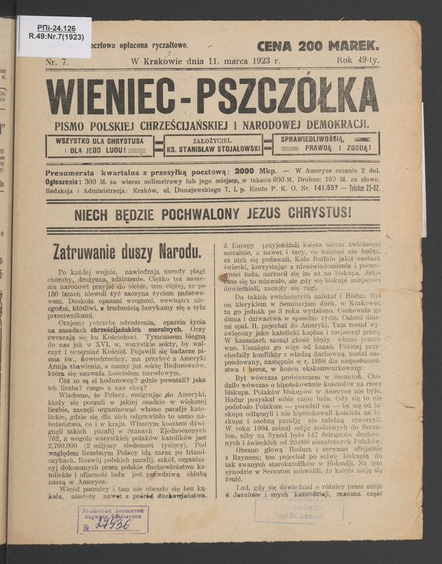 Wieniec-Pszczółka : pismo polskiej chrześcijańskiej i narodowej demokracji. Rok 49, 1923, numer 7