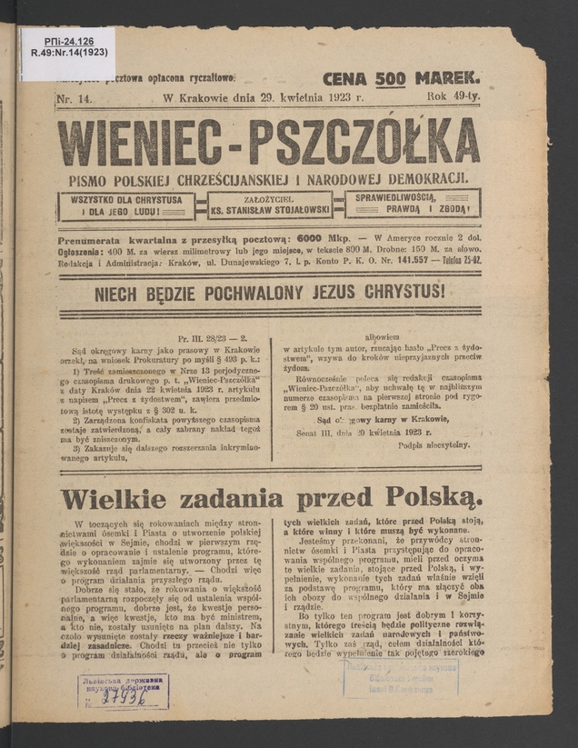 Wieniec-Pszczółka : pismo polskiej chrześcijańskiej i narodowej demokracji. Rok 49, 1923, numer 14