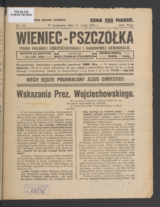 Wieniec-Pszczółka : pismo polskiej chrześcijańskiej i narodowej demokracji. Rok 49, 1923, numer 16