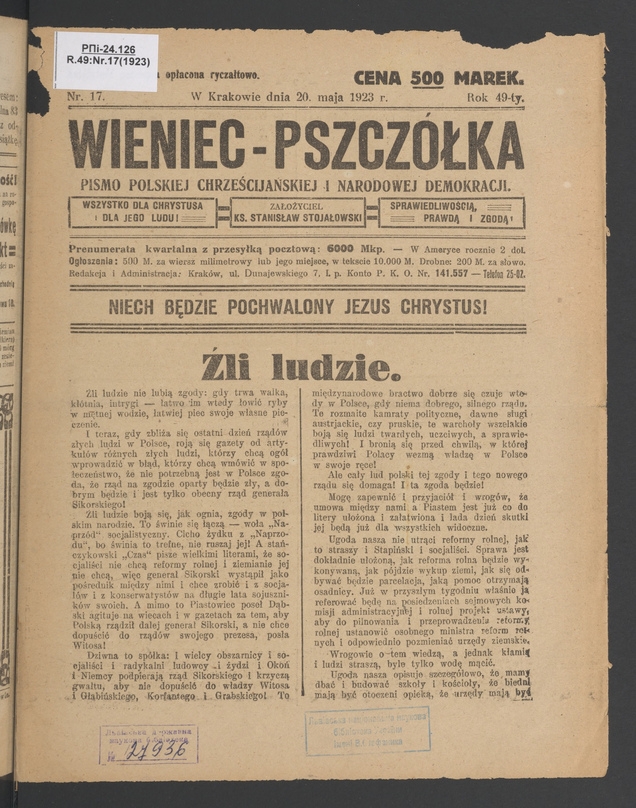 Wieniec-Pszczółka : pismo polskiej chrześcijańskiej i narodowej demokracji. Rok 49, 1923, numer 17