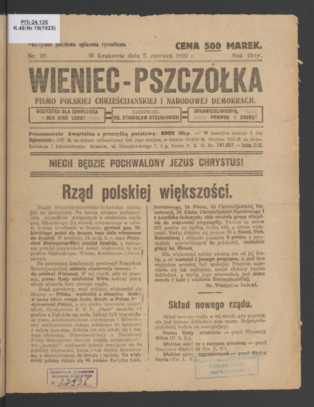 Wieniec-Pszcz&oacute;łka&nbsp;: pismo polskiej chrześcijańskiej i&nbsp;narodowej demokracji. Rok&nbsp;49, 1923, numer&nbsp;19