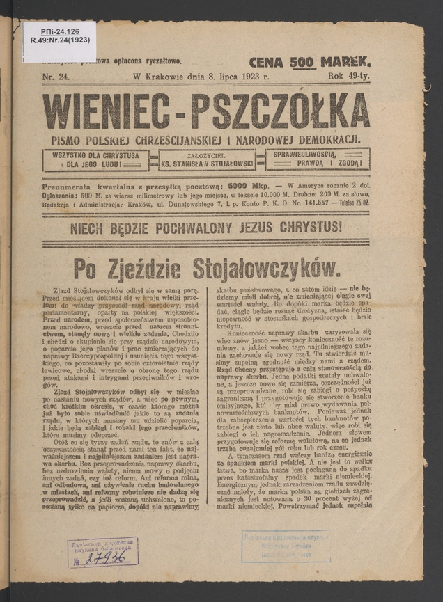 Wieniec-Pszcz&oacute;łka&nbsp;: pismo polskiej chrześcijańskiej i&nbsp;narodowej demokracji. Rok&nbsp;49, 1923, numer&nbsp;24