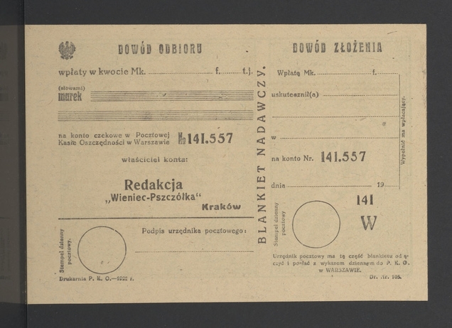 Blankiet nadawczy. Redakcja „Wieniec-Pszczółka” Kraków