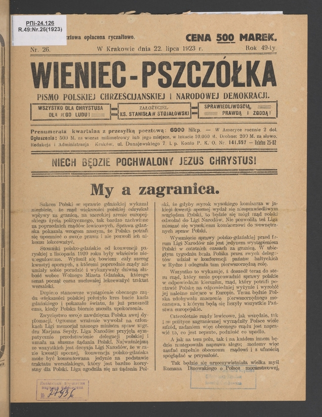 Wieniec-Pszcz&oacute;łka&nbsp;: pismo polskiej chrześcijańskiej i&nbsp;narodowej demokracji. Rok&nbsp;49, 1923, numer&nbsp;26