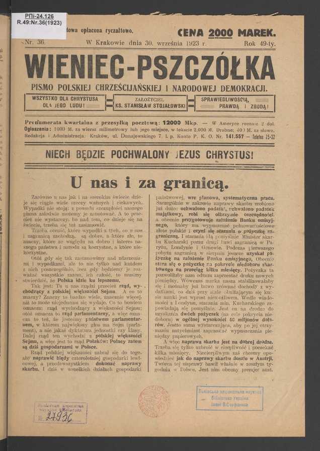 Wieniec-Pszcz&oacute;łka&nbsp;: pismo polskiej chrześcijańskiej i&nbsp;narodowej demokracji. Rok&nbsp;49, 1923, numer&nbsp;36