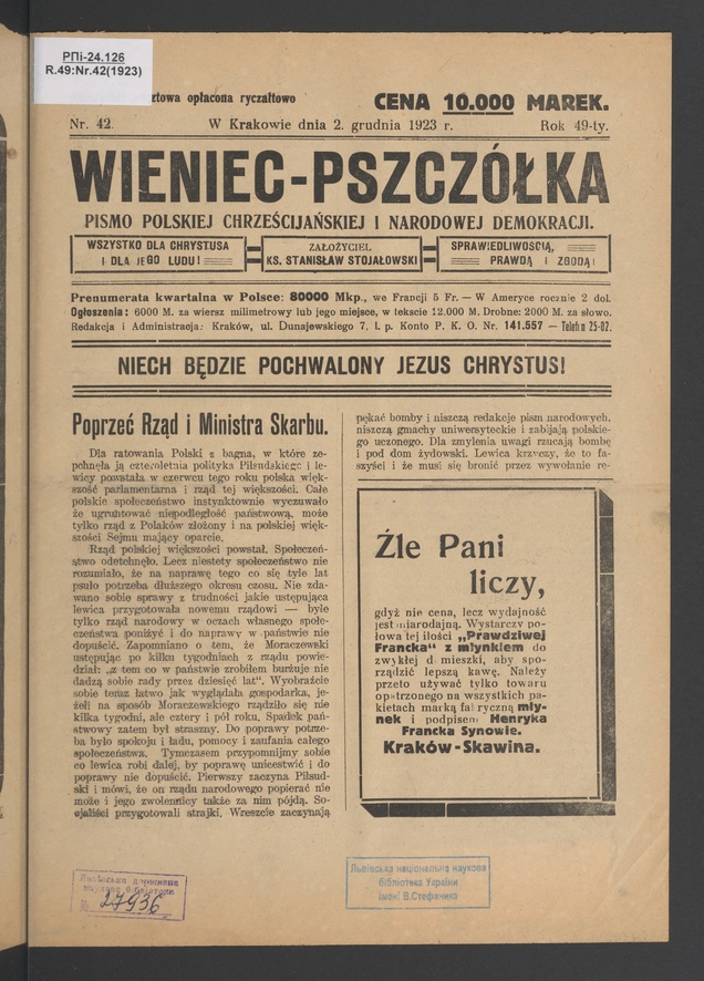 Wieniec-Pszczółka : pismo polskiej chrześcijańskiej i narodowej demokracji. Rok 49, 1923, numer 42