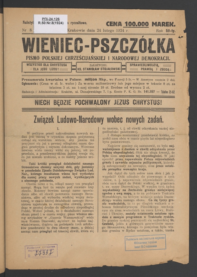Wieniec-Pszcz&oacute;łka&nbsp;: pismo polskiej chrześcijańskiej i&nbsp;narodowej demokracji. Rok&nbsp;50, 1924, numer&nbsp;8