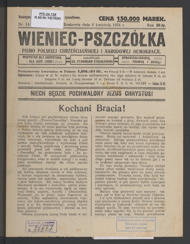 Wieniec-Pszczółka : pismo polskiej chrześcijańskiej i narodowej demokracji. Rok 50, 1924, numer 14