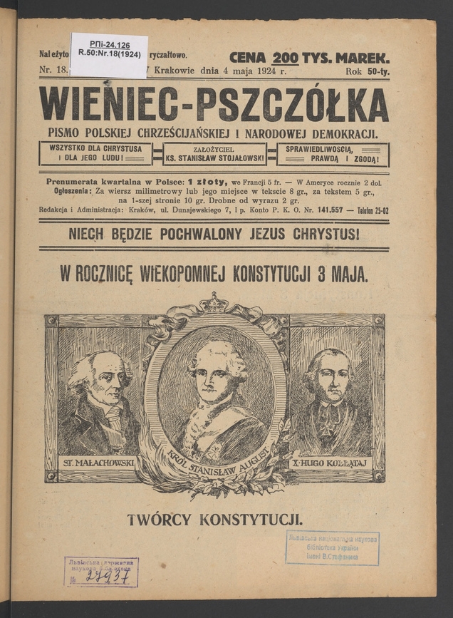 Wieniec-Pszcz&oacute;łka&nbsp;: pismo polskiej chrześcijańskiej i&nbsp;narodowej demokracji. Rok&nbsp;50, 1924, numer&nbsp;18