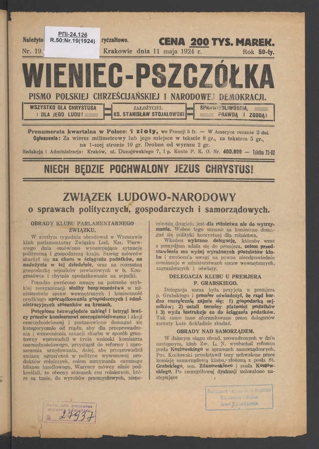 Wieniec-Pszcz&oacute;łka&nbsp;: pismo polskiej chrześcijańskiej i&nbsp;narodowej demokracji. Rok&nbsp;50, 1924, numer&nbsp;19